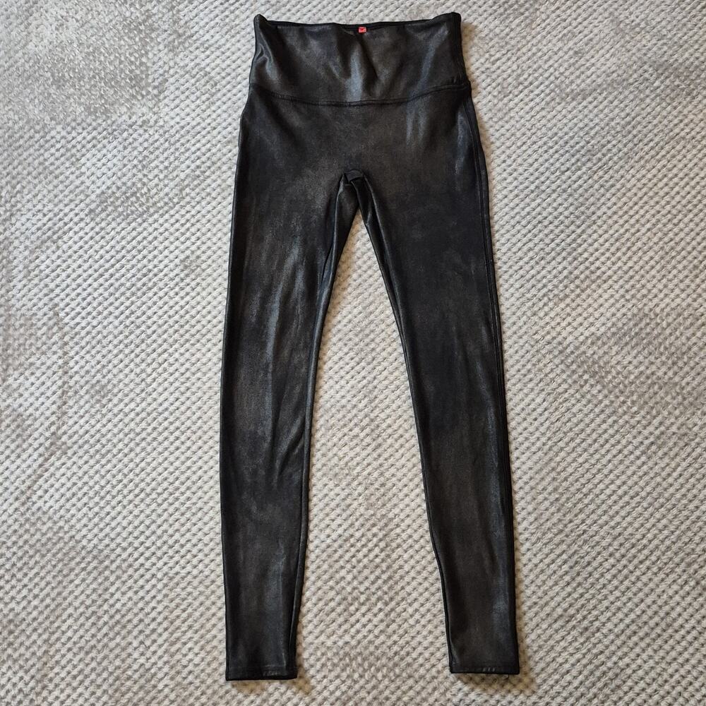 Spanx Faux Leather Leggings Womens Medium Black Metallic Shaping Stretch Pants